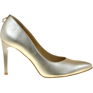 Eleganckie złote czółenka damskie na szpilce, skórzane, ANIS 4550 – Komfort i styl