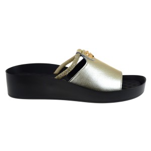 Złote klapki damskie skórzane na koturnie wygodne eleganckie S Barski KV51-034