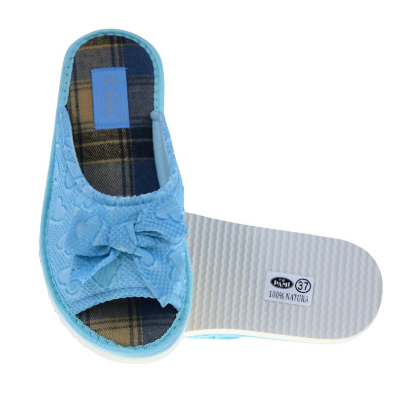 Kapcie damskie PAMI DOG 136 niebieskie – wsuwane, odkryte palce, antypoślizgowa podeszwa, kokardka, wzór w serca (5).jpg