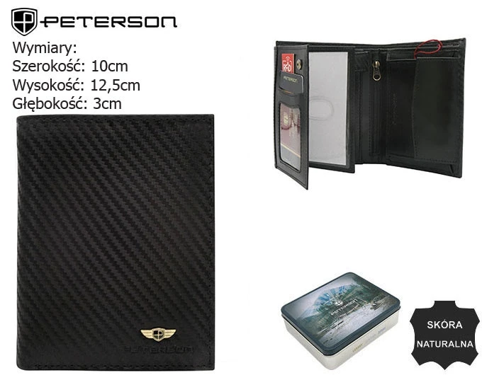 Portfel męski skórzany czarny carbon z ochroną RFID, pionowy, marka Peterson PTN 339-CA (4).webp