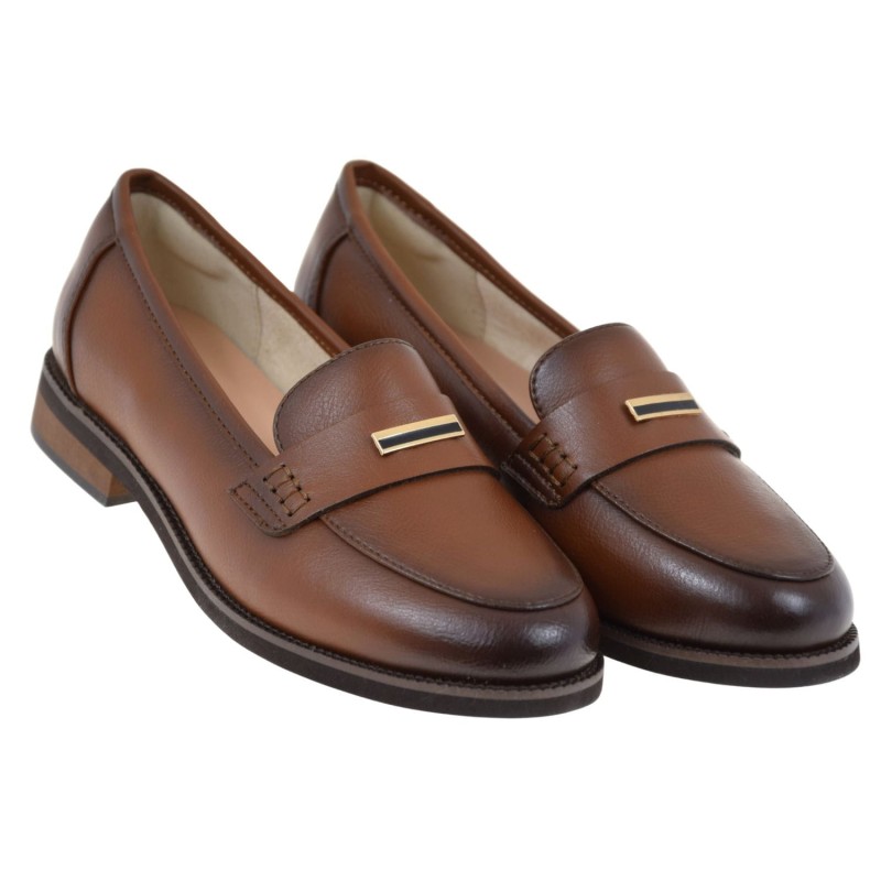 Mokasyny damskie skórzane brązowe CAMBELL 26-19381BR – loafersy wsuwane z złotą ozdobą (3).jpg