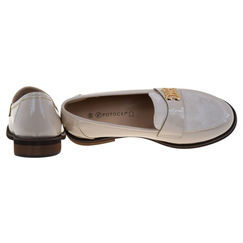 Beżowe mokasyny damskie POTOCKI 26-19459BGP loafersy wsuwane ze złotą ozdobą (4).jpg