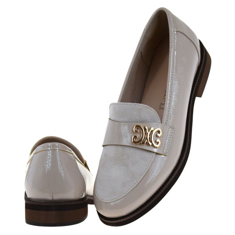 Beżowe mokasyny damskie POTOCKI 26-19459BGP loafersy wsuwane ze złotą ozdobą (5).jpg