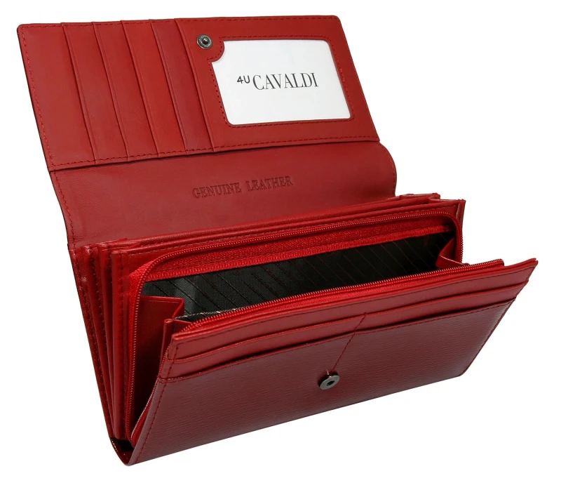 Portfel damski skórzany czerwony 4U Cavaldi H20-3-SH RED – wnętrze, 9 przegródek na karty i bilon na suwak (2).webp