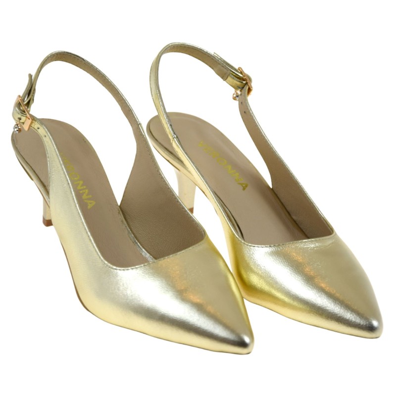 Złote czółenka damskie slingback VERONNA 1374 ze skóry naturalnej, obcas słupek, nosek w szpic (2).jpg