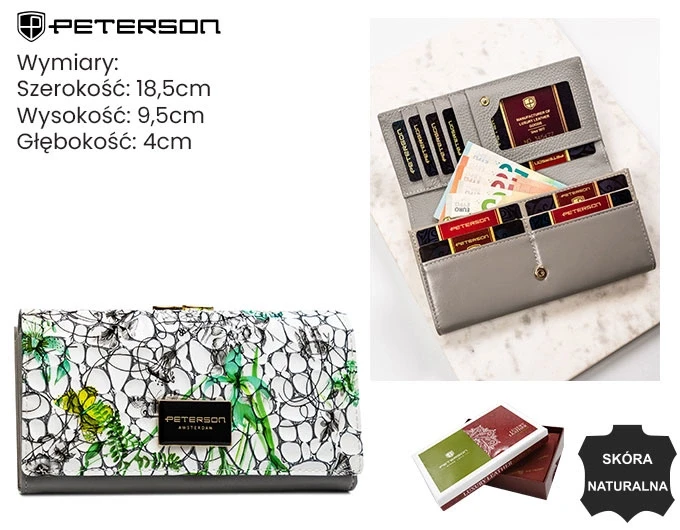 Portfel damski skórzany zielony Peterson PH24-FO-LFL Green z ochroną RFID – front z wzorem (1).webp