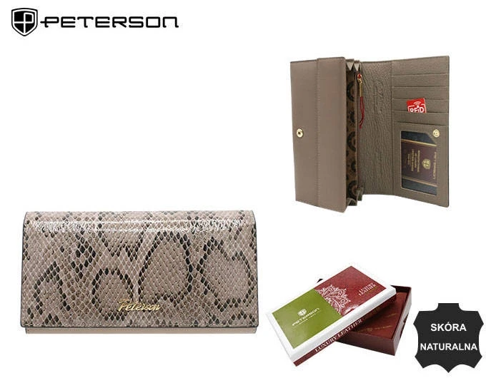 Duży portfel damski ze skóry naturalnej Peterson PTN SM-411 Grey – wnętrze, kieszenie na karty i bilon (1).webp