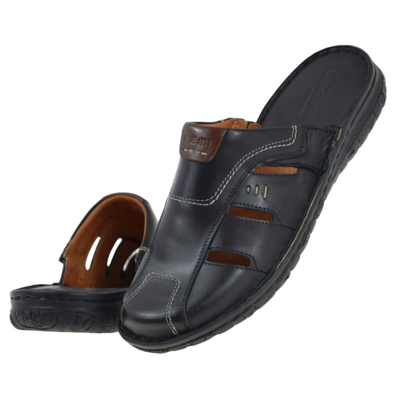 Czarne klapki męskie skórzane wsuwane na płaskiej podeszwie LEMI 601 (5).jpg