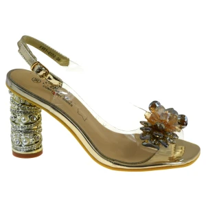 Złote sandały damskie transparentne na słupku z kwiatem S.BARSKI KV61-6050