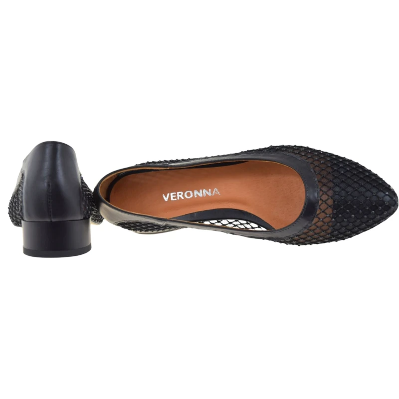 Czarne baleriny damskie VERONNA 2006 ze skóry naturalnej i siatki z dżetami (4).jpg