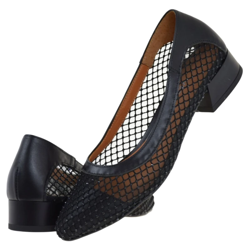 Czarne baleriny damskie VERONNA 2006 ze skóry naturalnej i siatki z dżetami (5).jpg