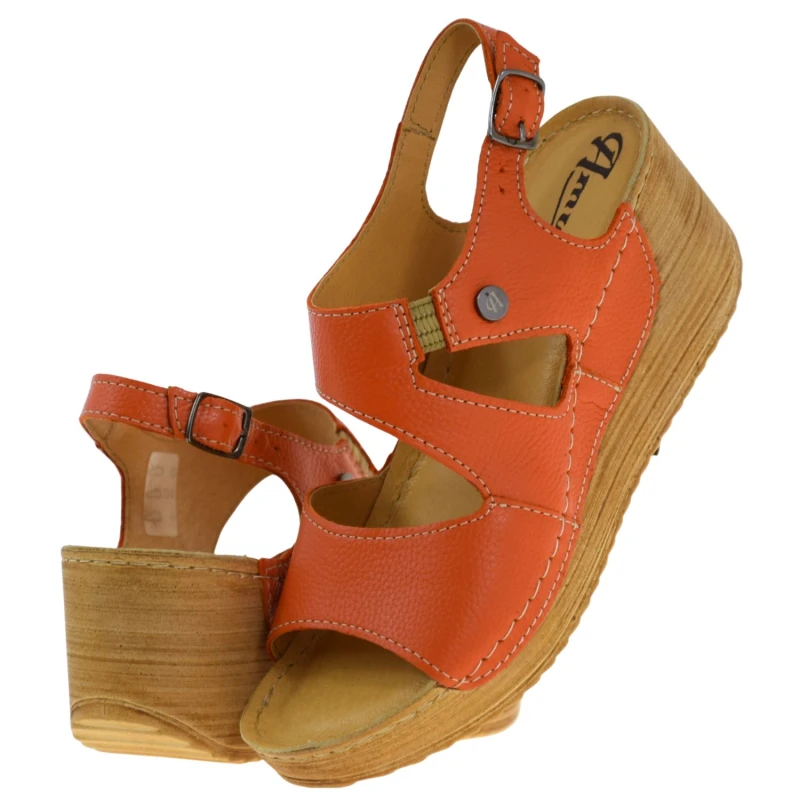 Pomarańczowe sandały damskie skórzane na koturnie AMULET 539 z odkrytymi palcami (5).jpg