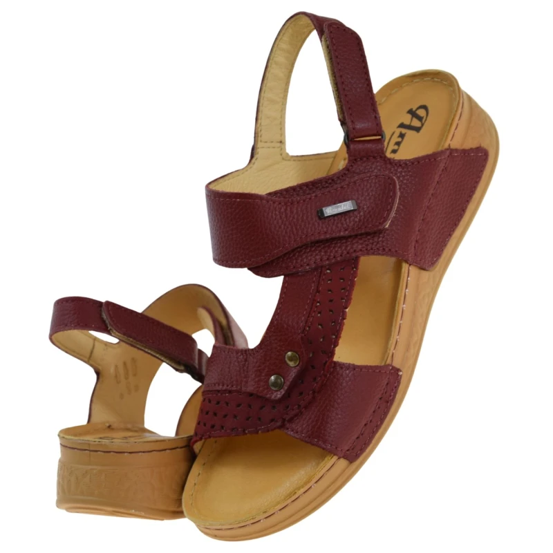 Sandały damskie skórzane bordowe na koturnie AMULET 399 z odkrytymi palcami (5).jpg