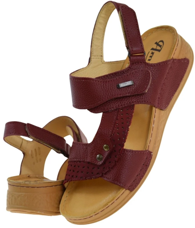 Wygodne bordowe sandały damskie ze skóry naturalnej na rzepy AMULET 399 na lato (5).jpg