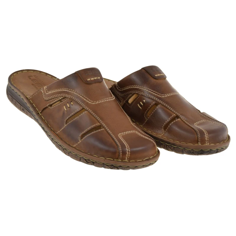 Brązowe klapki męskie ze skóry naturalnej LEMI 601 ażurowe na lato (2).jpg