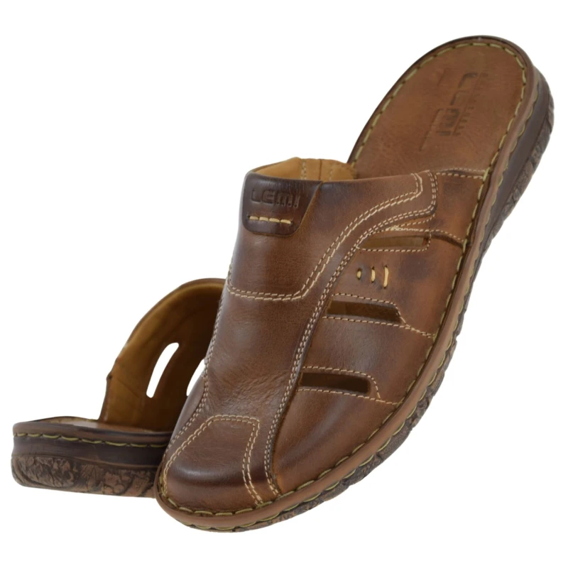 Brązowe klapki męskie ze skóry naturalnej LEMI 601 ażurowe na lato (5).jpg