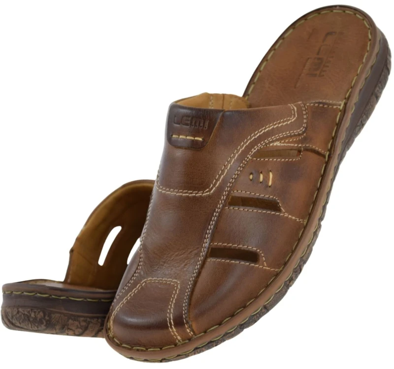 Męskie klapki skórzane brązowe LEMI 601 wsuwane na płaskiej podeszwie (5).jpg