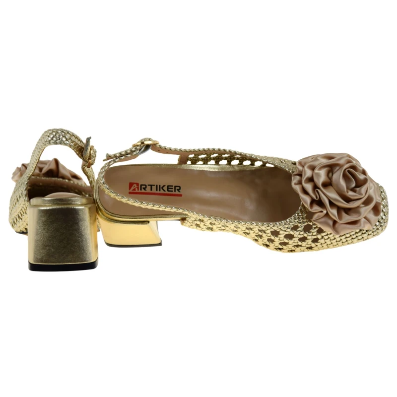 Eleganckie złote buty damskie na wesele i komunię, czółenka ARTIKER z plecioną cholewką (4).jpg