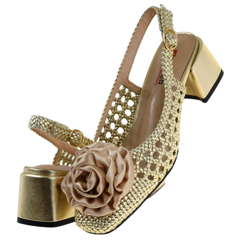 Eleganckie złote buty damskie na wesele i komunię, czółenka ARTIKER z plecioną cholewką (5).jpg