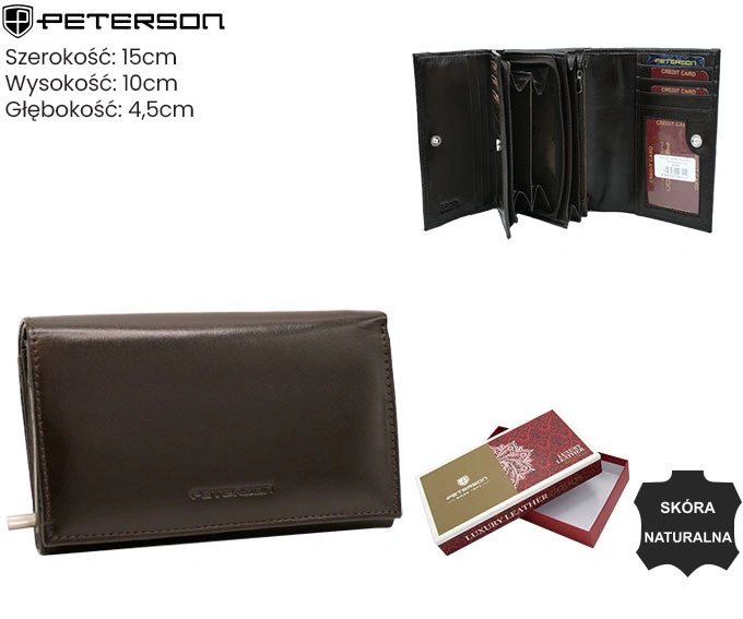 Portfel damski skórzany brązowy RFID Peterson PTN RD-22-NGV-BROWN elegancki średni model na zatrzask (3).webp