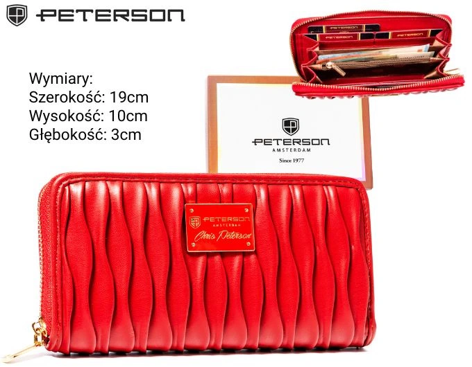 Duży czerwony portfel damski Peterson PTN PFF-01-6434 RED ze skóry ekologicznej, zapinany na suwak, z miejscem na karty, banknoty i bilonDuży czerwony portfel damski Peterson PTN PFF-01-6434 RED ze skóry eko.webp
