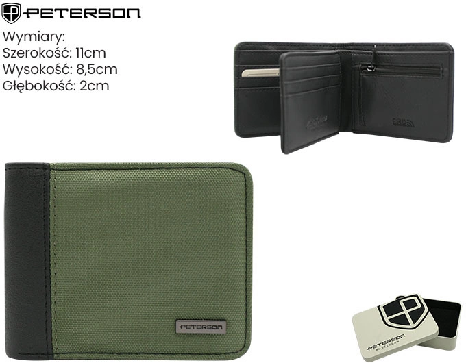 Mały portfel męski Peterson army green black z kieszonką na bilon i puszką prezentową (3).webp