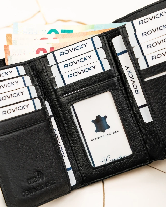 Elegancki czarny portfel damski Rovicky ze skóry naturalnej z motywem węża, pudełkiem prezentowym i ochroną RFID (5).webp