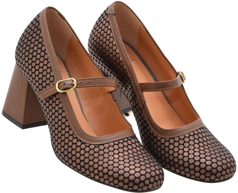 Eleganckie czółenka damskie KORDEL 3176 brązowe ze skóry naturalnej na słupku 7,5 cm z paskiem (2).jpg