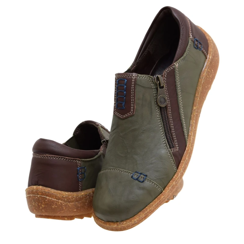 Półbuty damskie skórzane khaki LORETTA LO7311 na zamek, lekka podeszwa (5).jpg