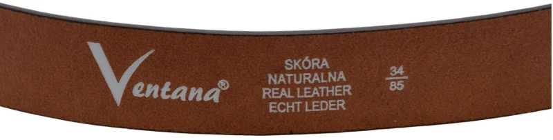 Zbliżenie brązowego paska skórzanego VENTANA – klasyczna klamra z bolcem i tłoczone logo (4).jpg